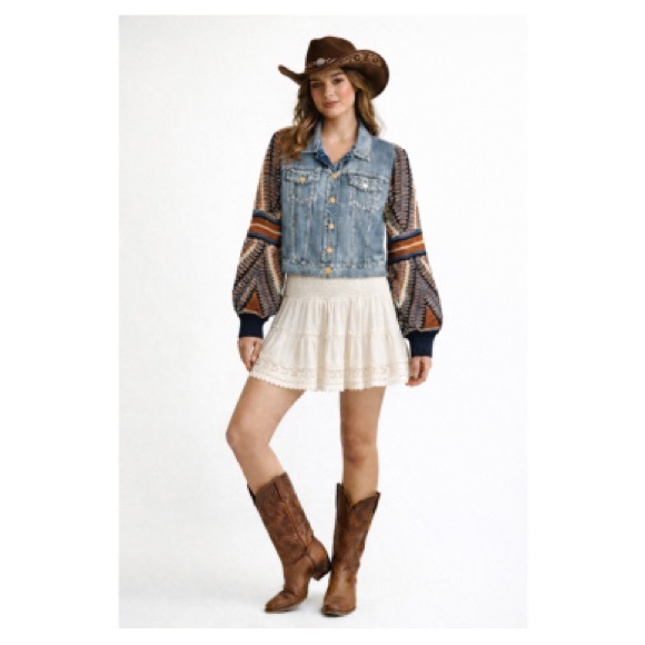 Flying Tomato Jackets & Blazers - Flying Tomato Blue Denim Jacket boho crochet sleeves
